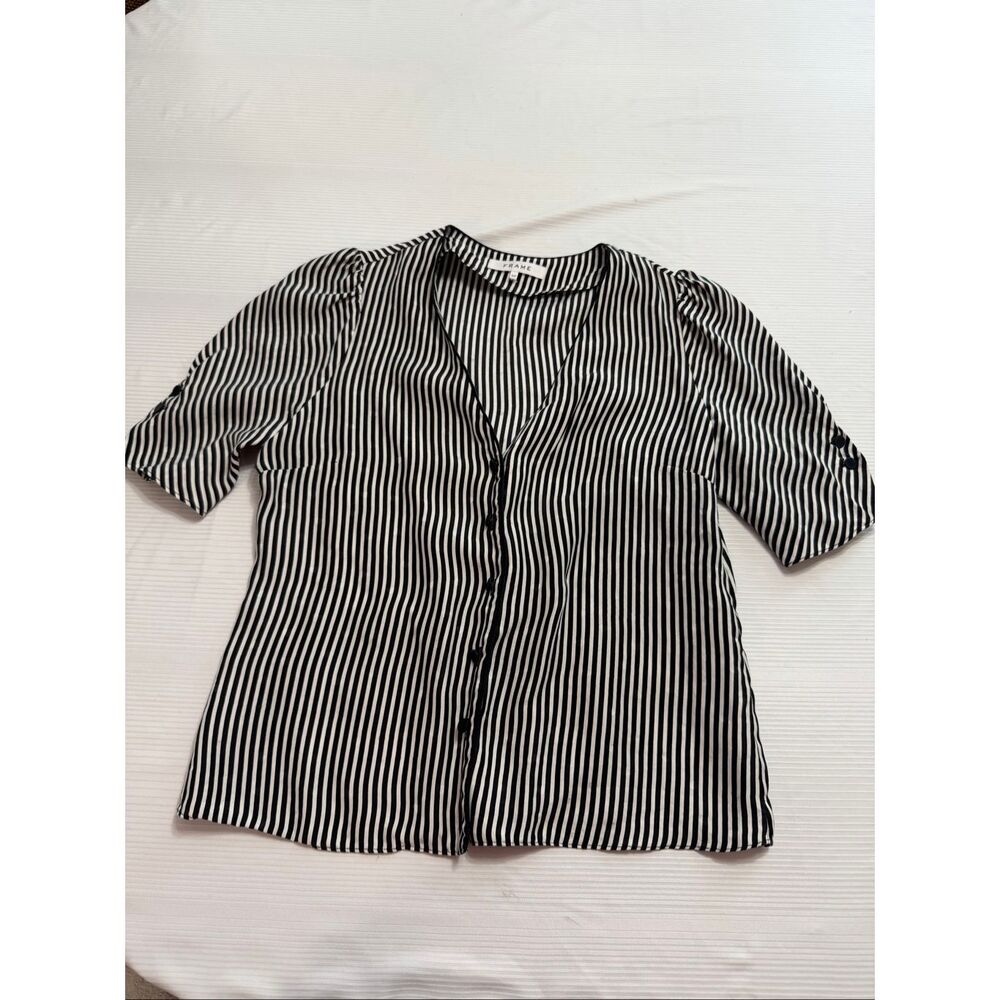 Frame Denim Black and White Striped Button-Down Top
